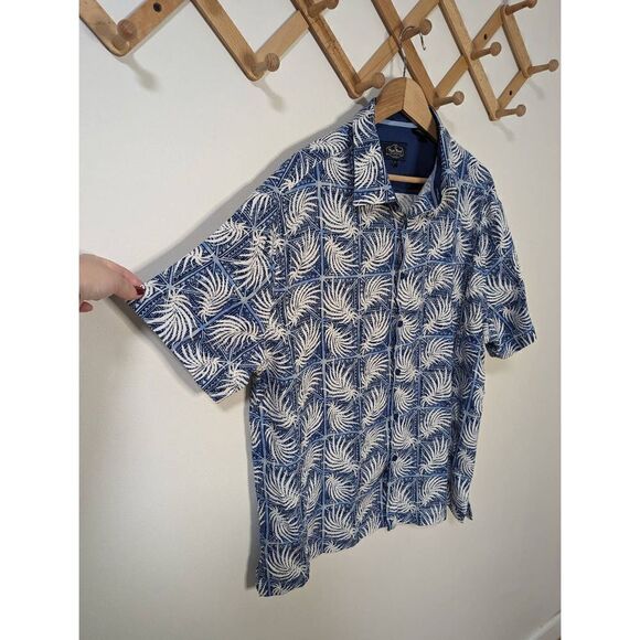 Nat Nast Blue and White Palm Leaf Silk Cotton Blend Button Down Shirt - Size XL - Picture 2 of 6